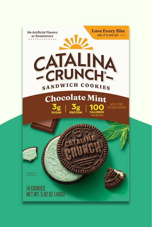Front of box image of Catalina Crunch Chocolate Mint Cookies.