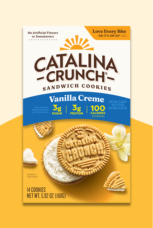 Front of box image of Catalina Crunch Vanilla Creme Cookies.