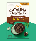 Package of Catalina Crunch sandwich cookies in Chocolate Mint flavor, displaying the product and its name, image of the cookies, and the brand's logo.
