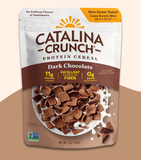 A package of Catalina Crunch protein cereal in Dark Chocolate flavor, with the brand's logo and product information displayed on the front.