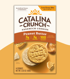 Package of Catalina Crunch sandwich cookies with peanut butter flavor, displaying the cookies and the brand's logo.