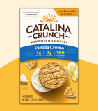 Package of Catalina Crunch sandwich cookies with Vanilla Creme flavor, displaying the cookies, the brand logo, and nutritional information.