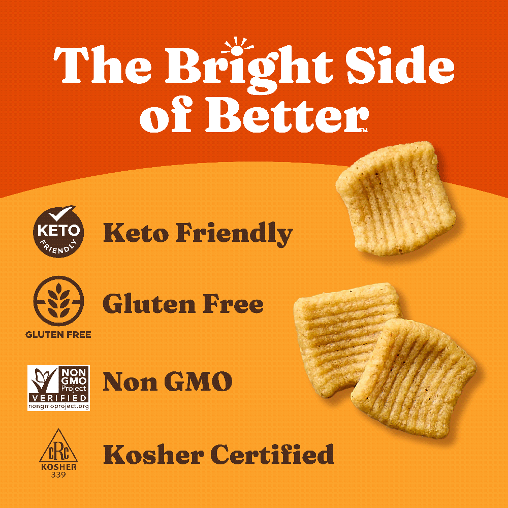 Keto-friendly, gluten-free, non-GMO, and kosher-certified chips on an orange background with branding text.