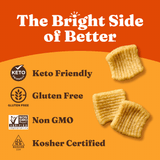Keto-friendly, gluten-free, non-GMO, and kosher-certified chips on an orange background with branding text.
