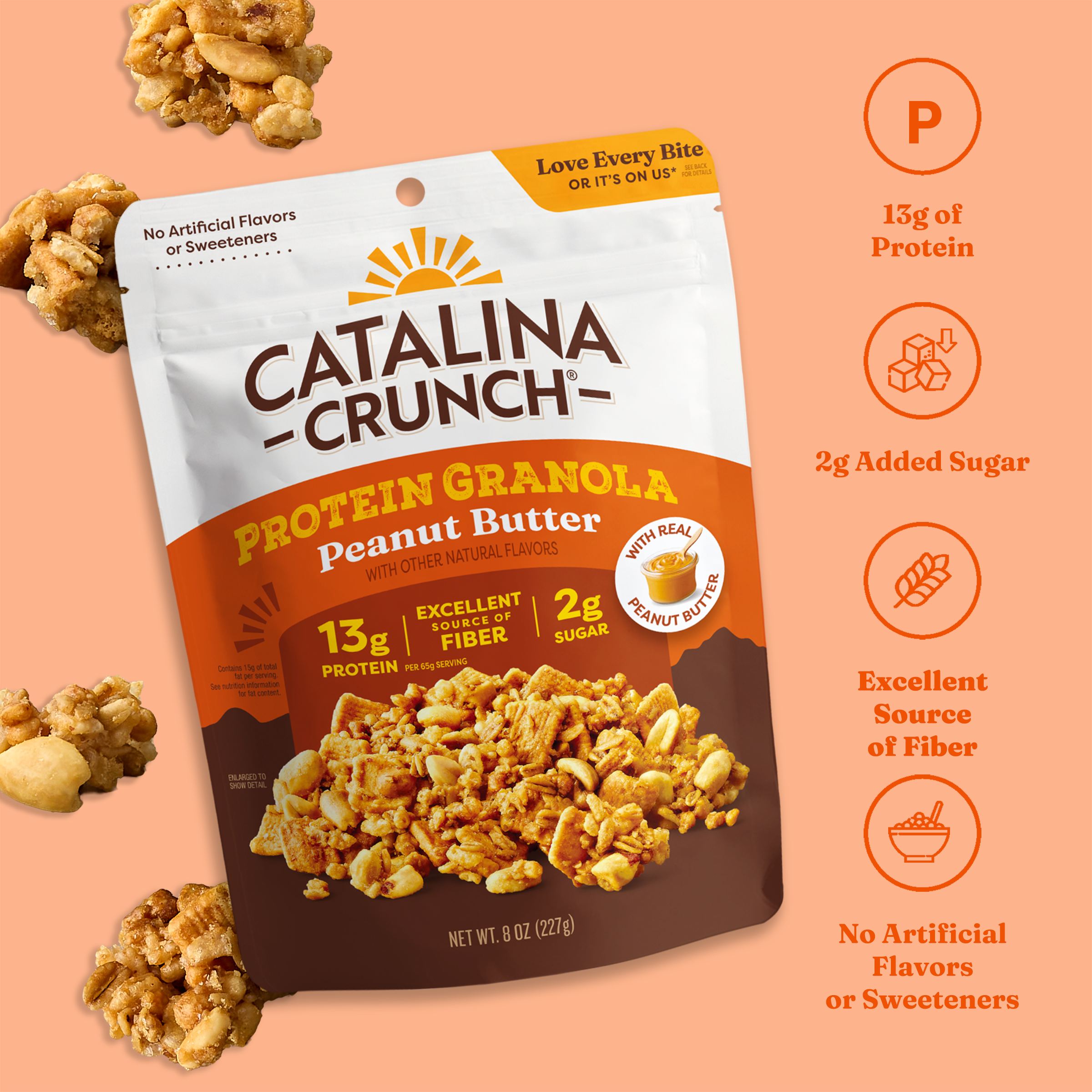 Catalina Crunch Protein Granola Peanut Butter package on a peach background