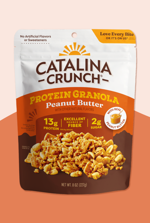 Catalina Crunch Protein Granola Peanut Butter package on a peach background