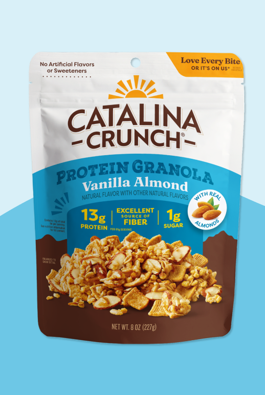 Catalina Crunch Protein Granola Vanilla Almond package on a blue background