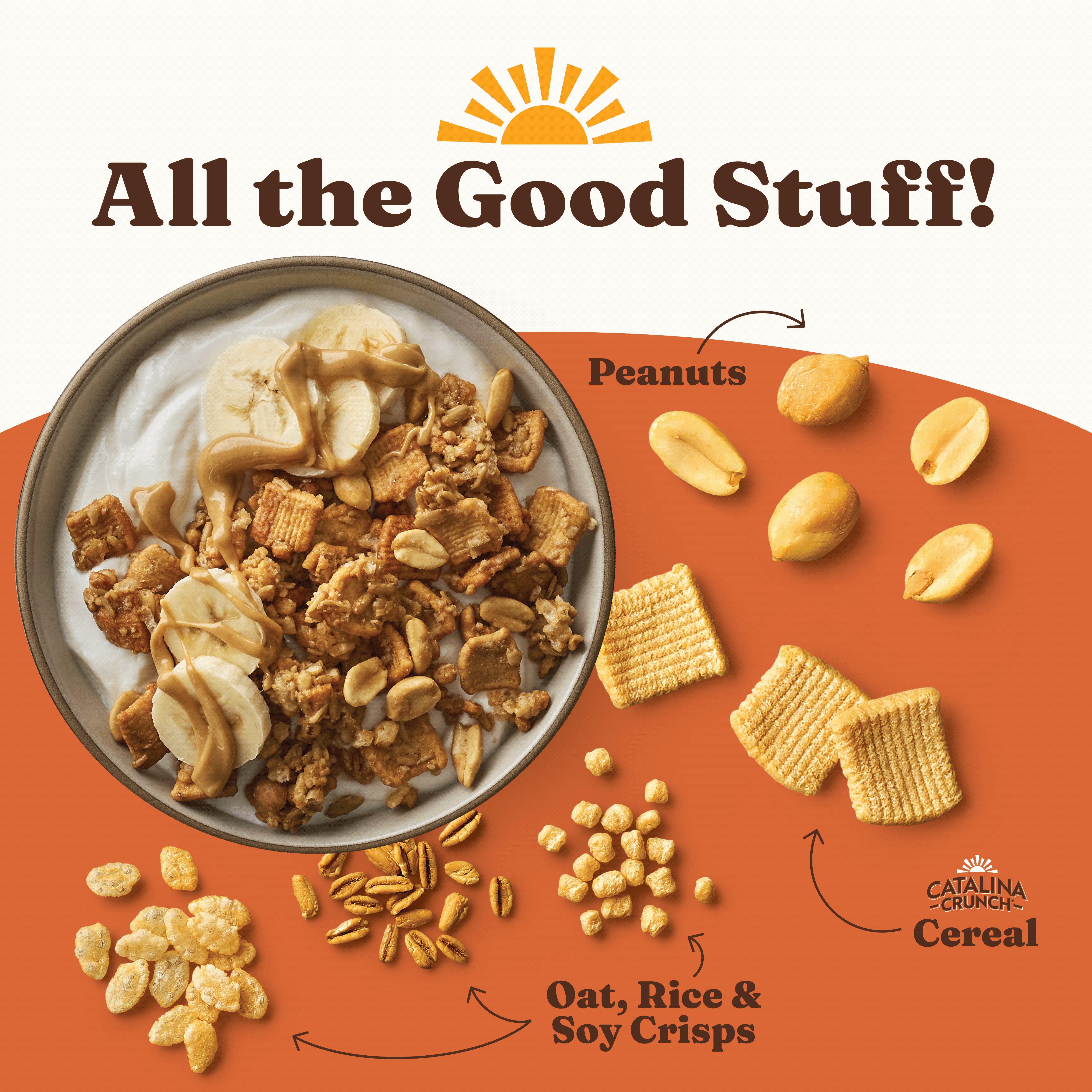 Catalina Crunch cereal bowl with peanuts, oat, rice, and soy crisps on an orange background.