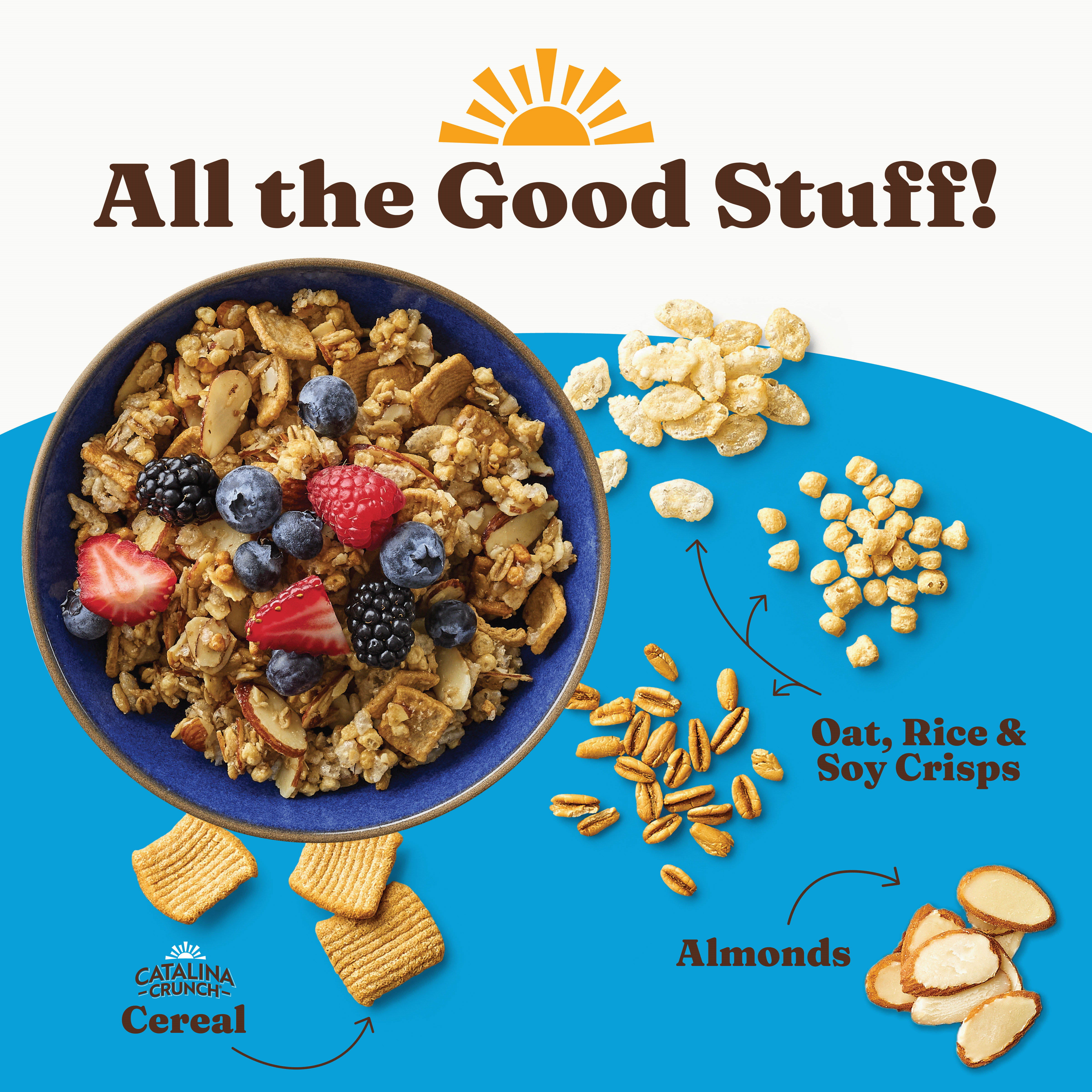 Caldura Crunchy cereal bowl with berries and croutons on a blue background, featuring the text 'All the Good Stuff!'.