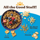 Caldura Crunchy cereal bowl with berries and croutons on a blue background, featuring the text 'All the Good Stuff!'.