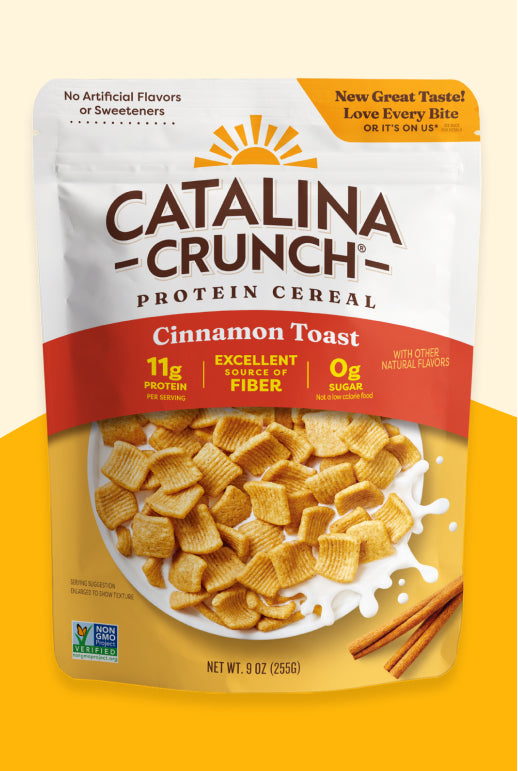 Package of Catalina Crunch Cinnamon Toast cereal on a yellow background