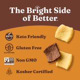 Keto-friendly, gluten-free, non-GMO, and kosher certified snacks on a brown background with 'The Bright Side of Better' text.