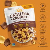 Catalina Crunch Protein Cereal package with nutritional information on an orange background