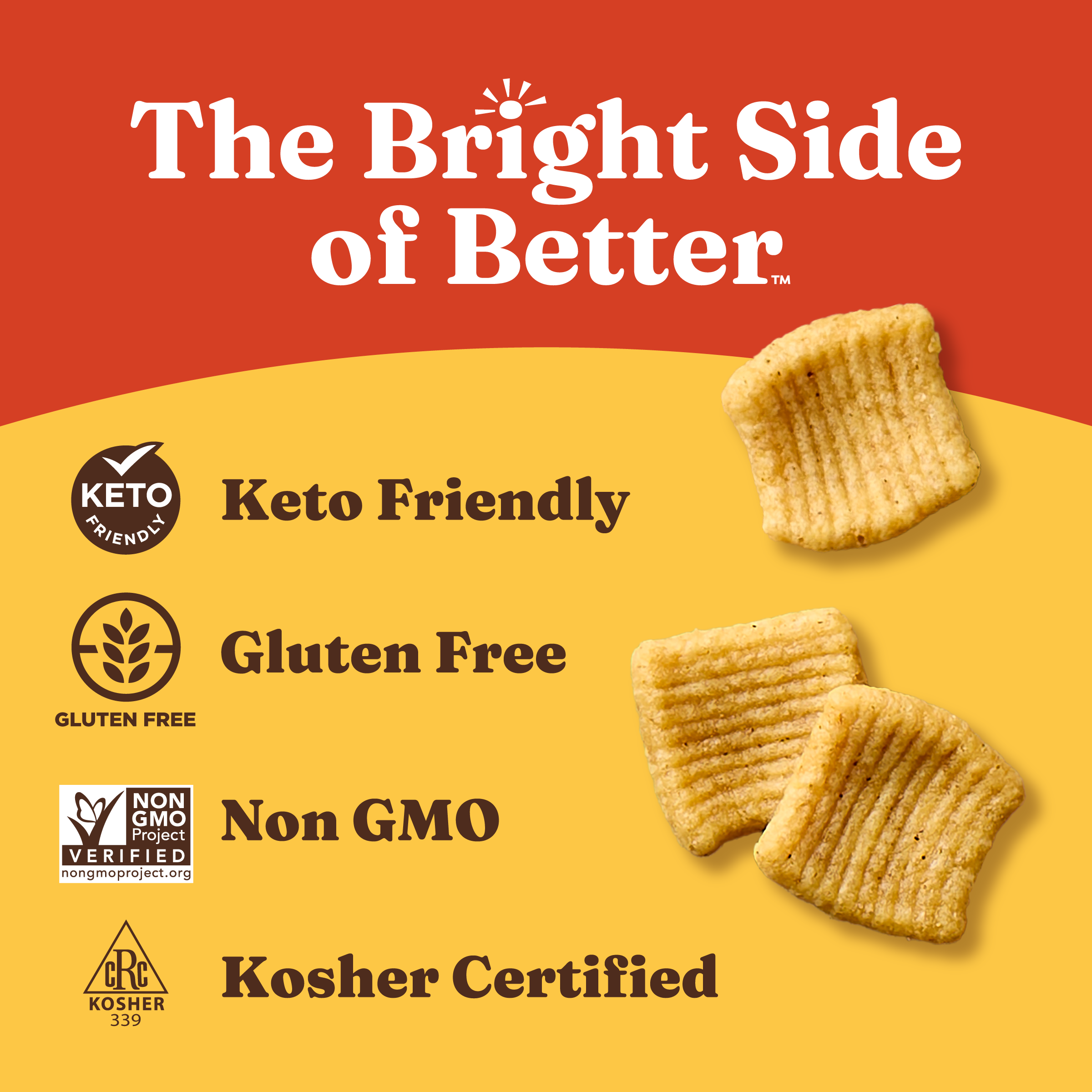 Keto-friendly, gluten-free, non-GMO, and kosher-certified snack chips on a red and yellow background with branding text.