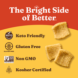 Keto-friendly, gluten-free, non-GMO, and kosher-certified snack chips on a red and yellow background with branding text.