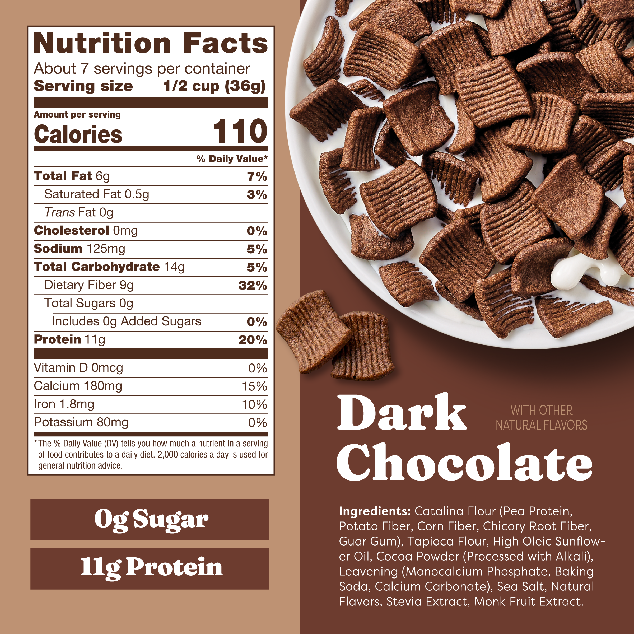 Nutrition label and dark chocolate cereal on a brown background
