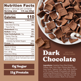 Nutrition label and dark chocolate cereal on a brown background
