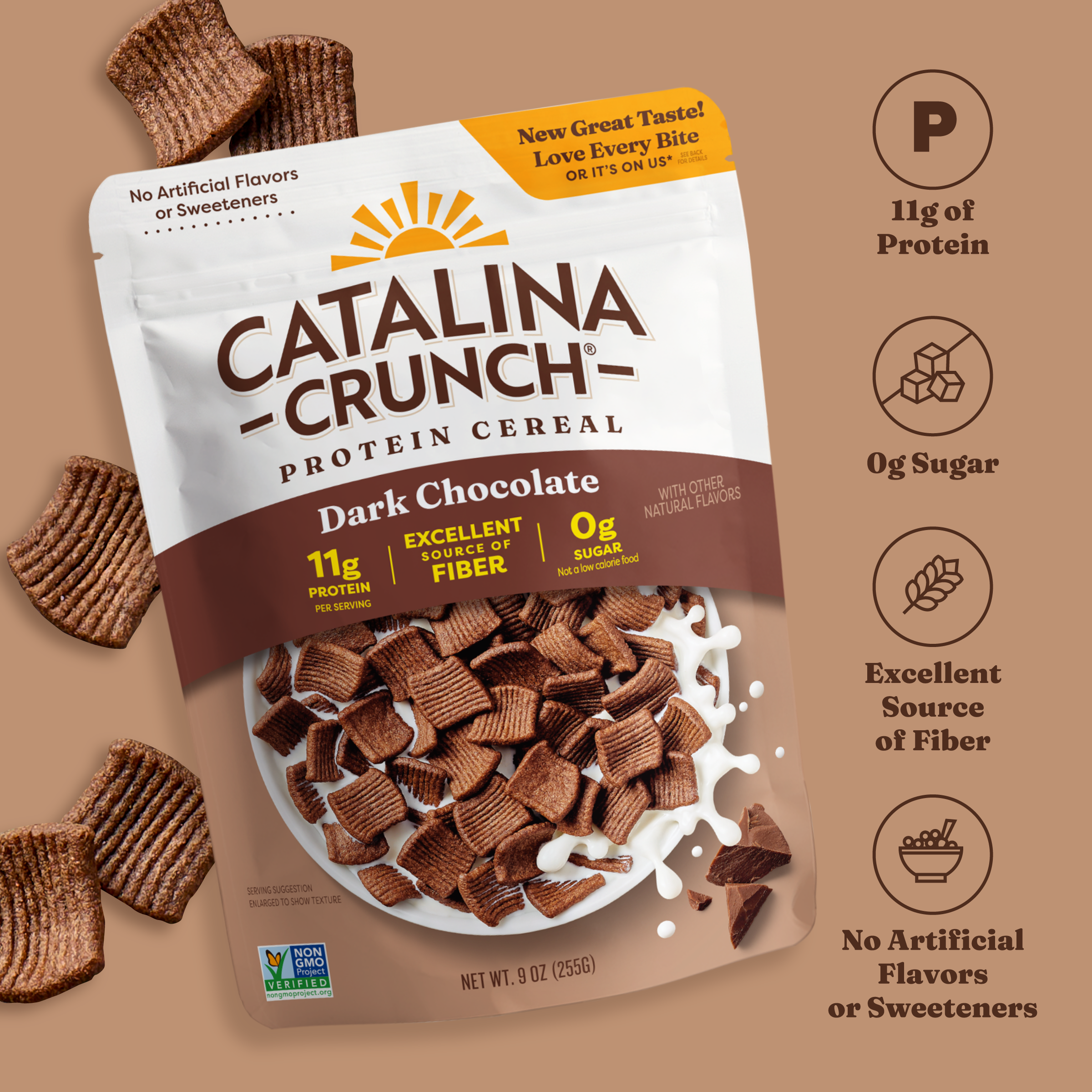 Catalina Crunch Protein Cereal package with dark chocolate flavor on a brown background