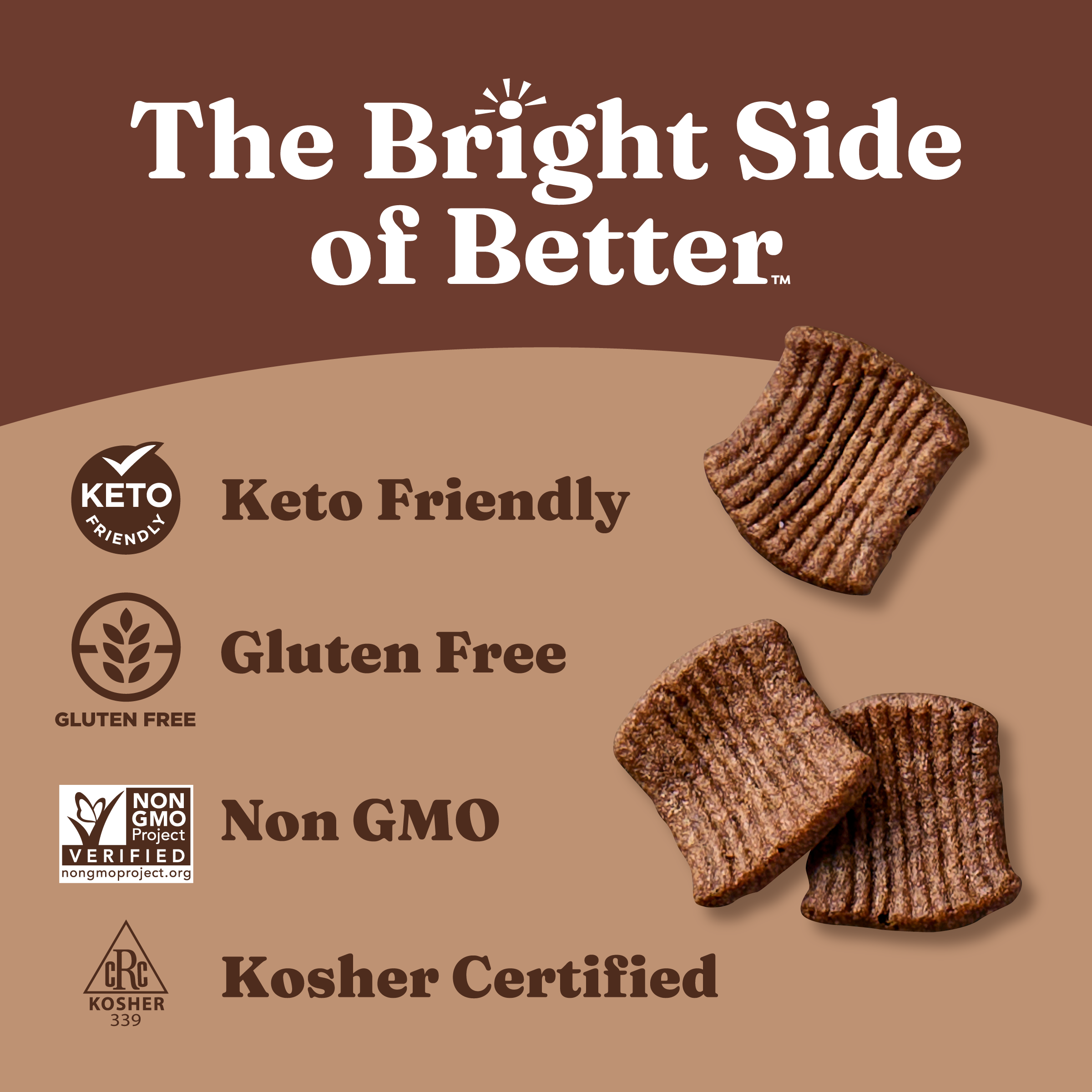 Keto-friendly, gluten-free, non-GMO, and kosher-certified snacks on a brown background with branding text.