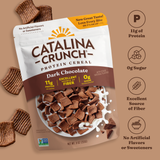 Catalina Crunch Protein Cereal package with dark chocolate flavor on a brown background
