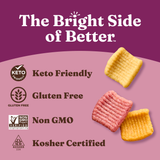 Product packaging with 'The Bright Side of Better' branding, indicating keto friendly, gluten free, non GMO, and kosher certified status.