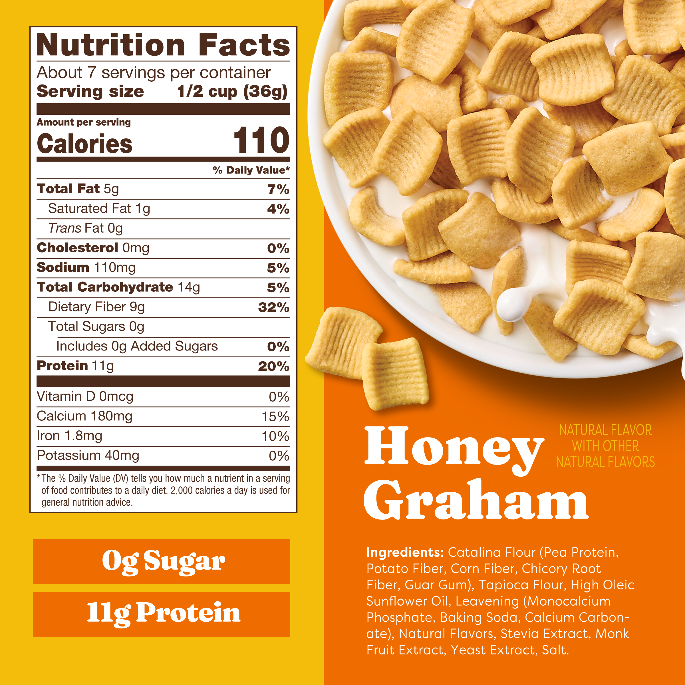 Honey Graham cereal packaging with nutrition facts and ingredients listed.