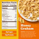 Honey Graham cereal packaging with nutrition facts and ingredients listed.