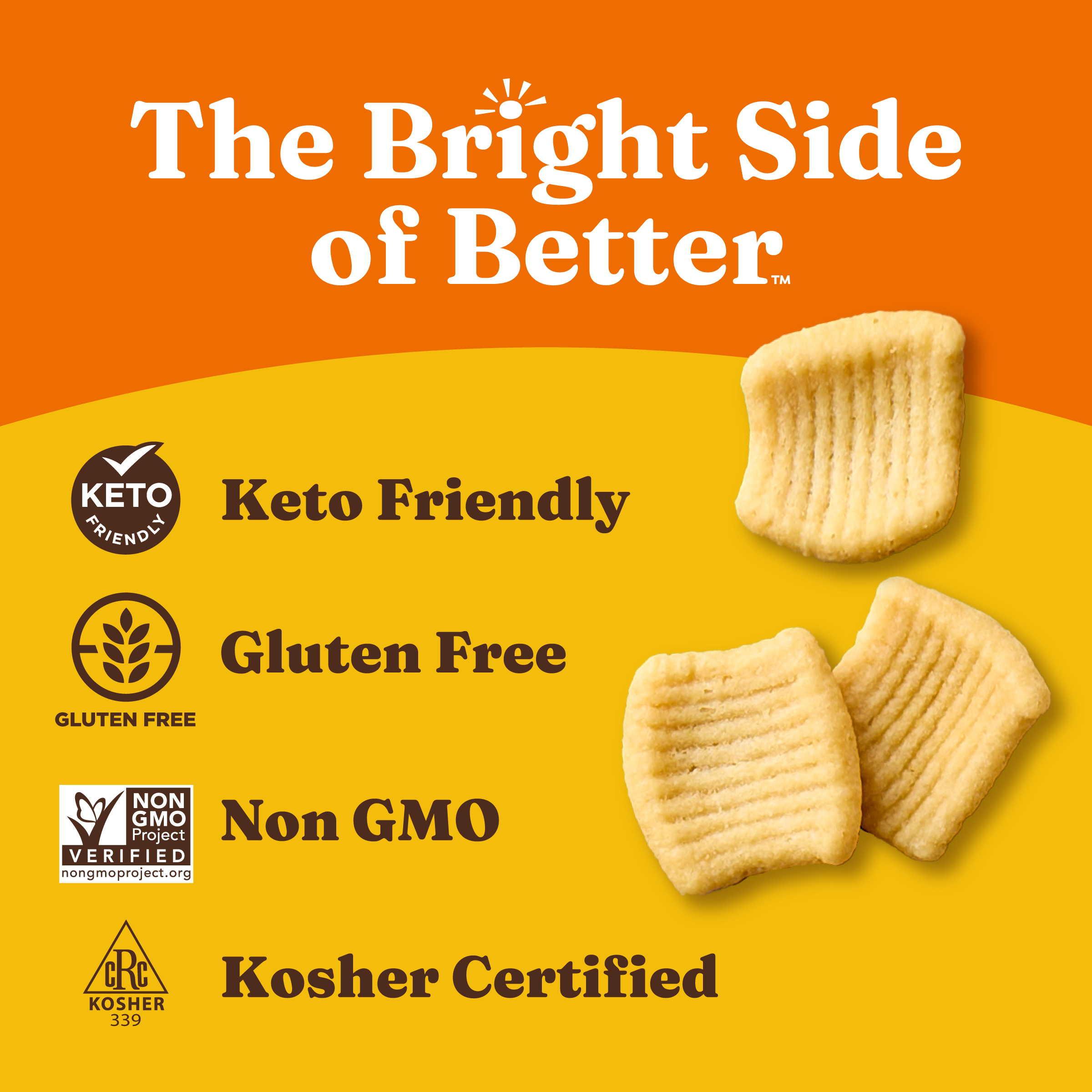 Keto-friendly, gluten-free, non-GMO, and kosher-certified cookies on an orange and yellow background with branding text.