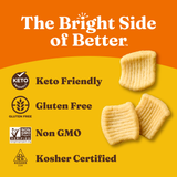 Keto-friendly, gluten-free, non-GMO, and kosher-certified cookies on an orange and yellow background with branding text.
