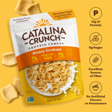 Catalina Crunch Protein Cereal package on a yellow background