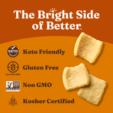 Keto-friendly, gluten-free, non-GMO, and kosher-certified cookies on an orange background with certification logos.