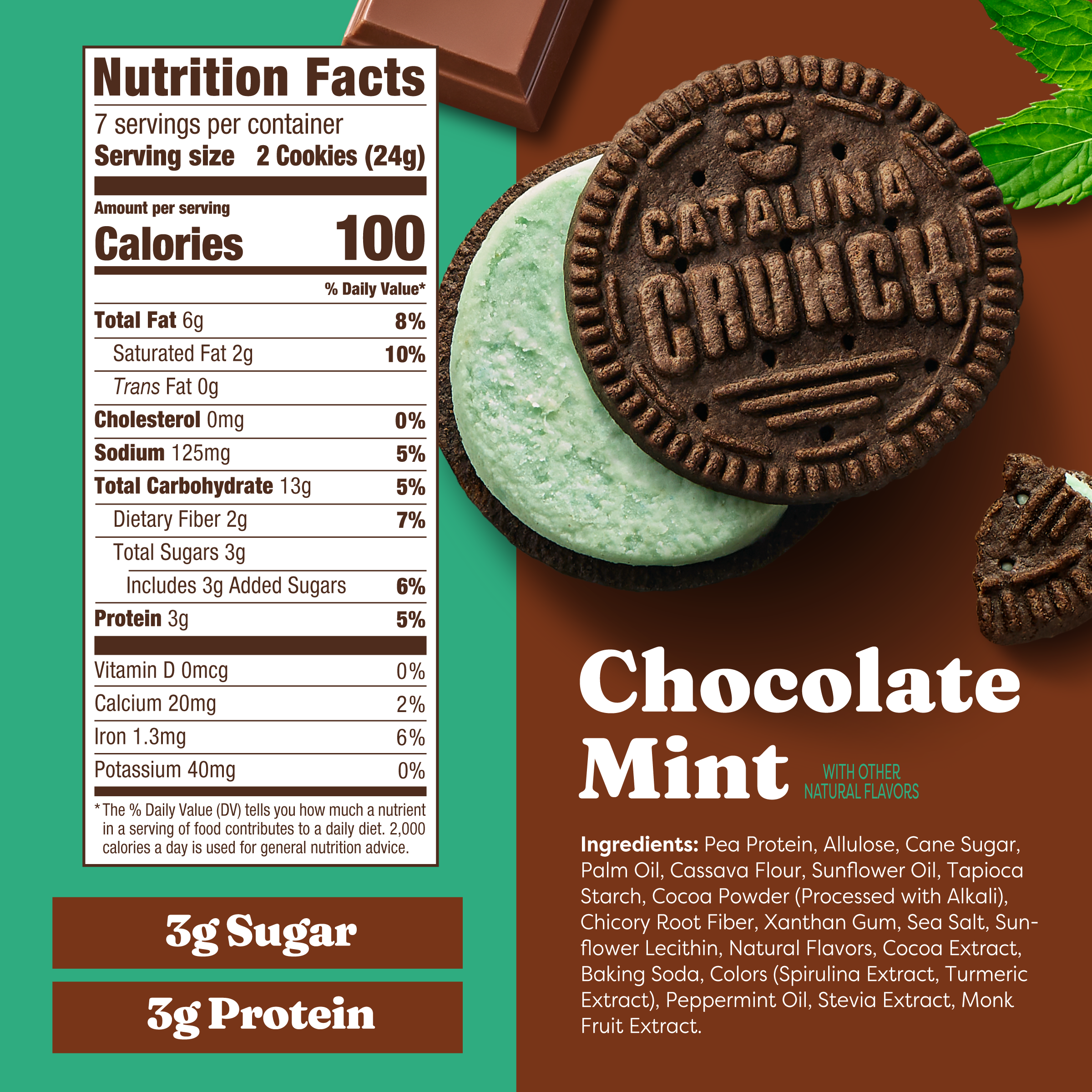 Oreo cookie with 'Catalina Crunch' flavor, nutrition facts, and ingredients listed on a colorful background.