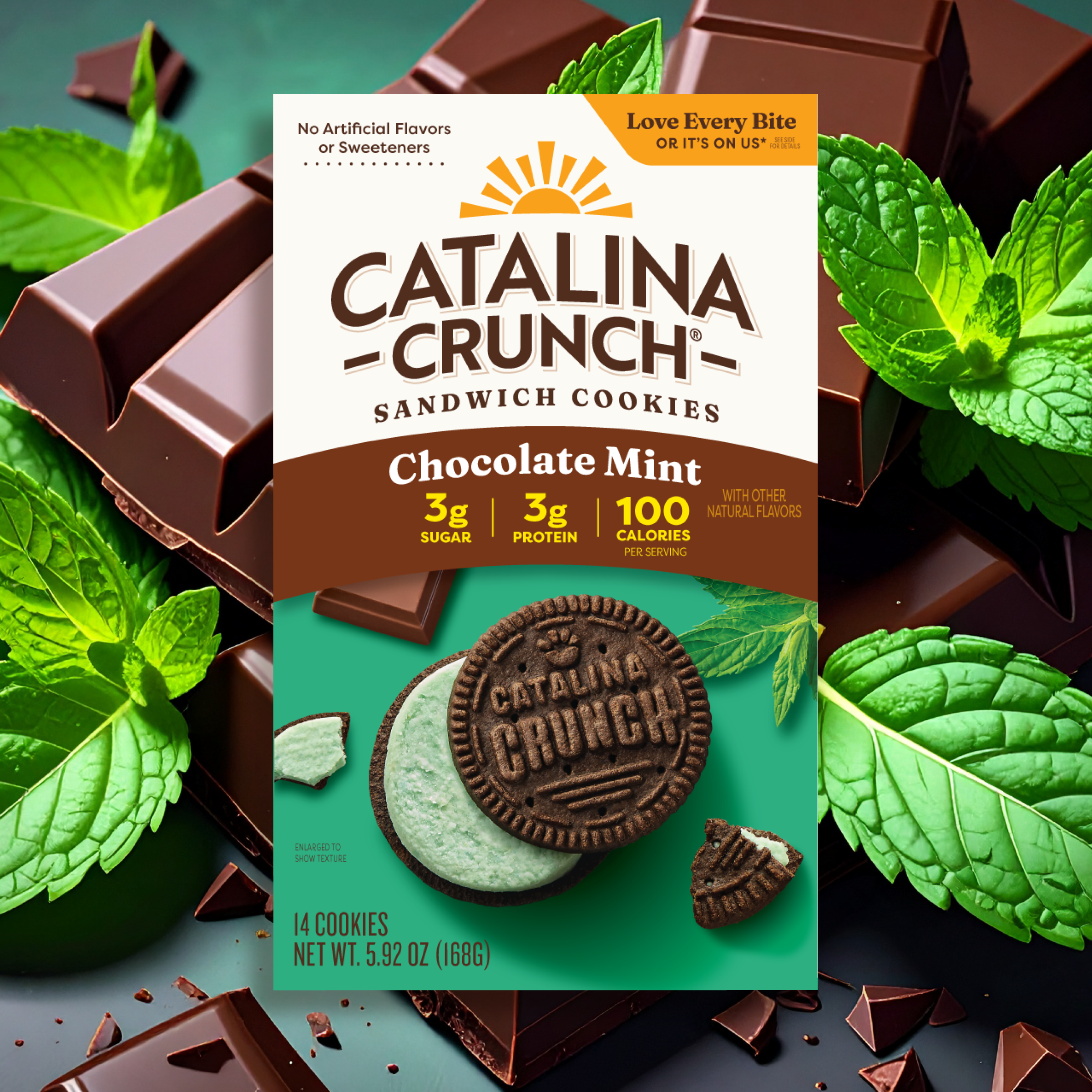 Catalina Crunch Chocolate Mint sandwich cookies packaging surrounded by chocolate pieces and mint leaves.