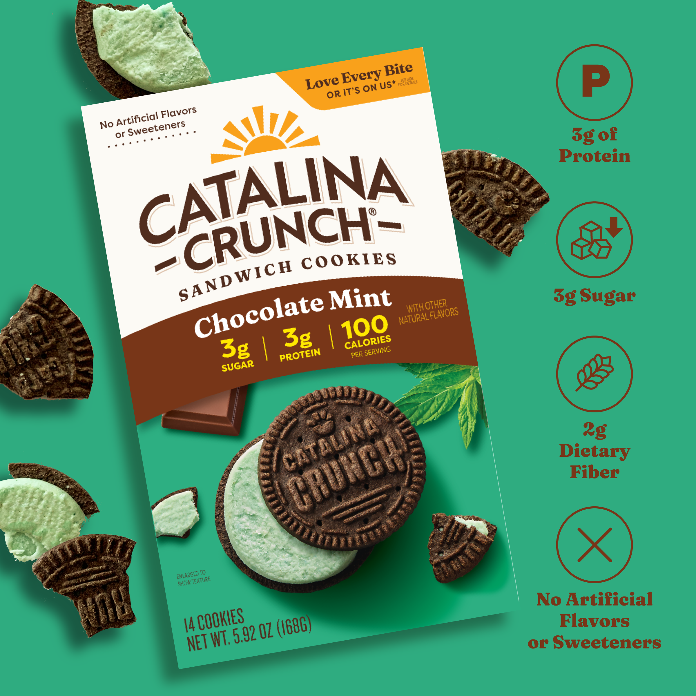 Catalina Crunch Chocolate Mint sandwich cookies packaging on a green background