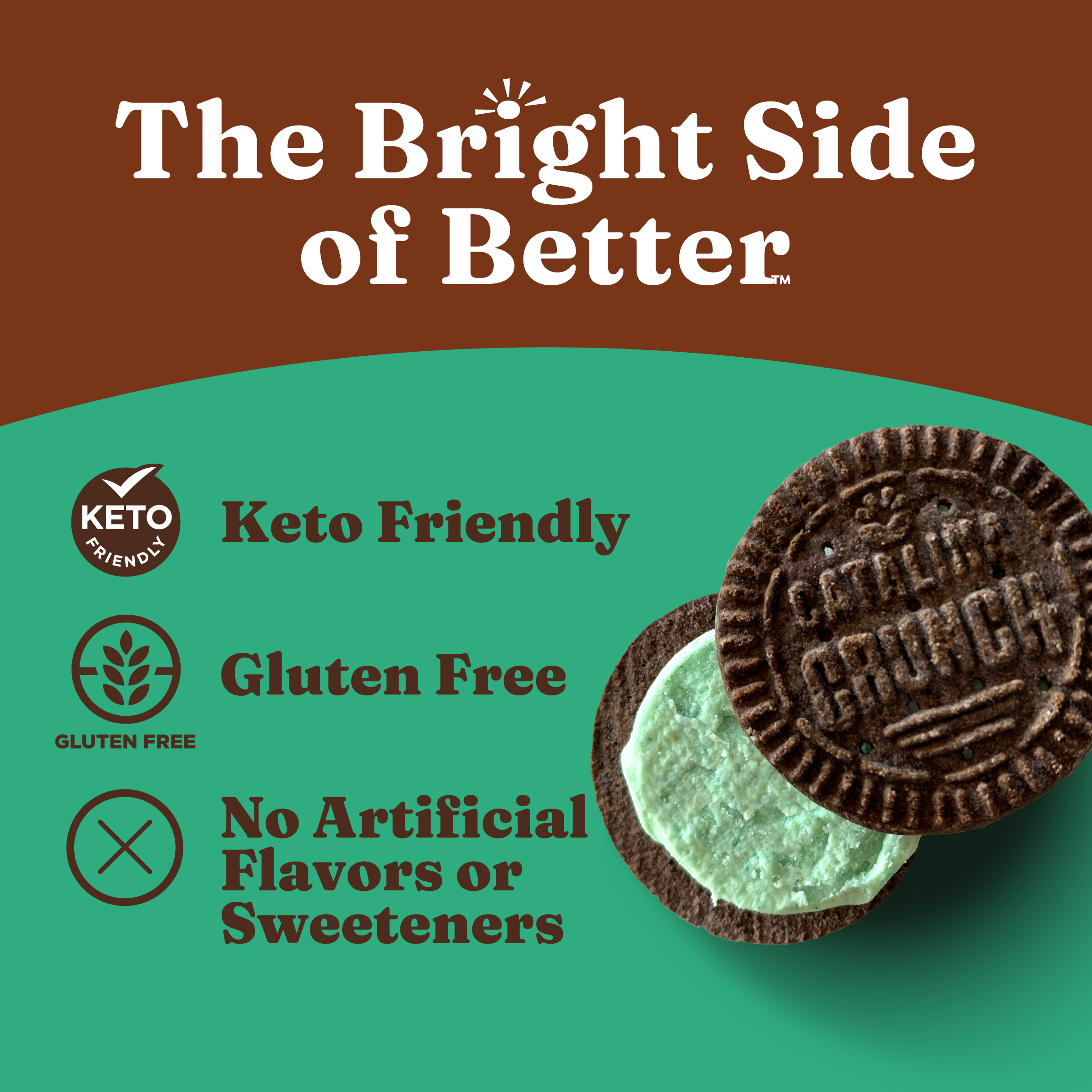Oreo cookie with branding and product information on a brown and green background