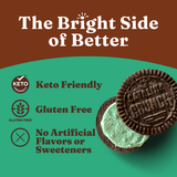 Oreo cookie with branding and product information on a brown and green background