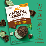 Catalina Crunch Chocolate Mint sandwich cookies packaging on a green background