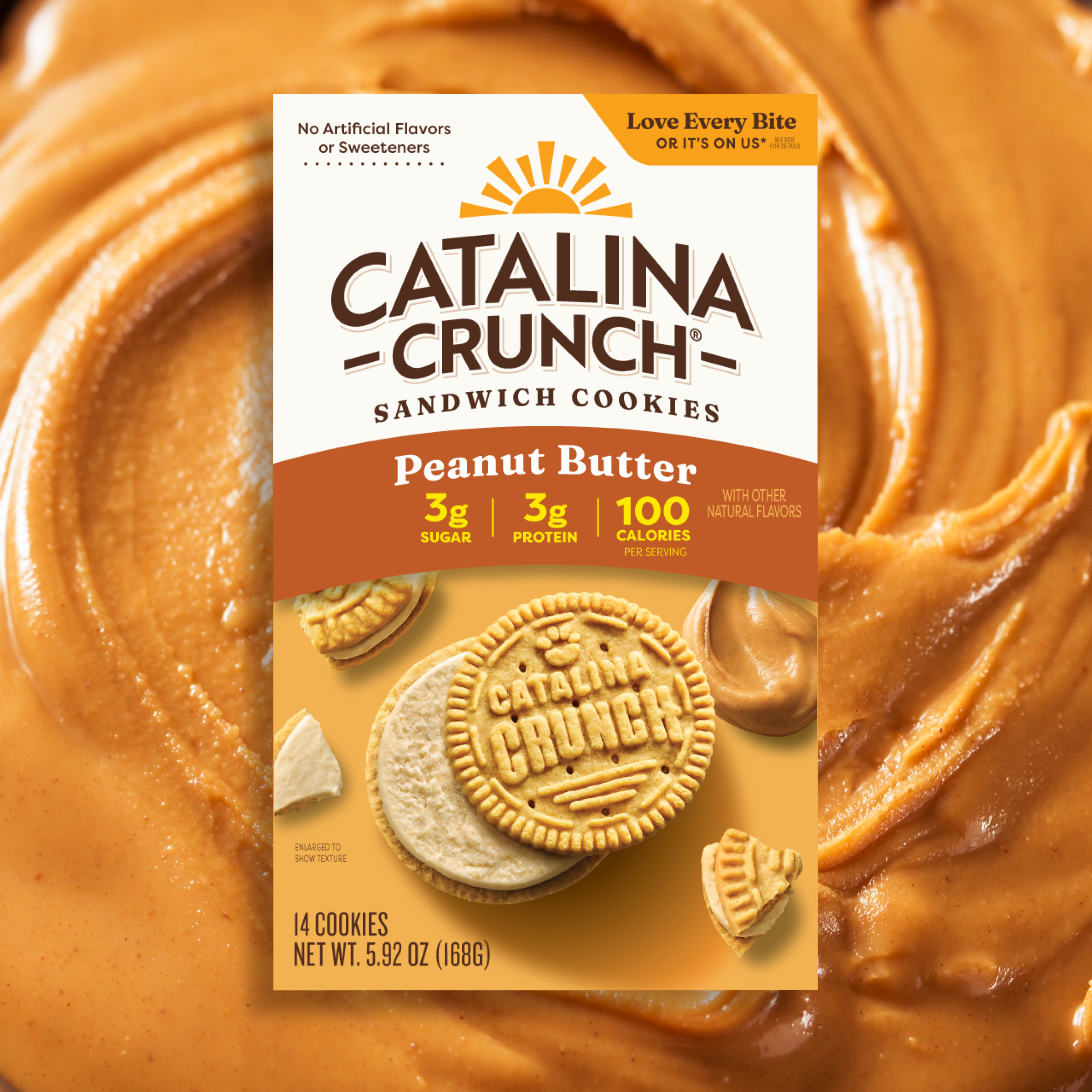 Catalina Crunch Peanut Butter sandwich cookies packaging on a peanut butter background