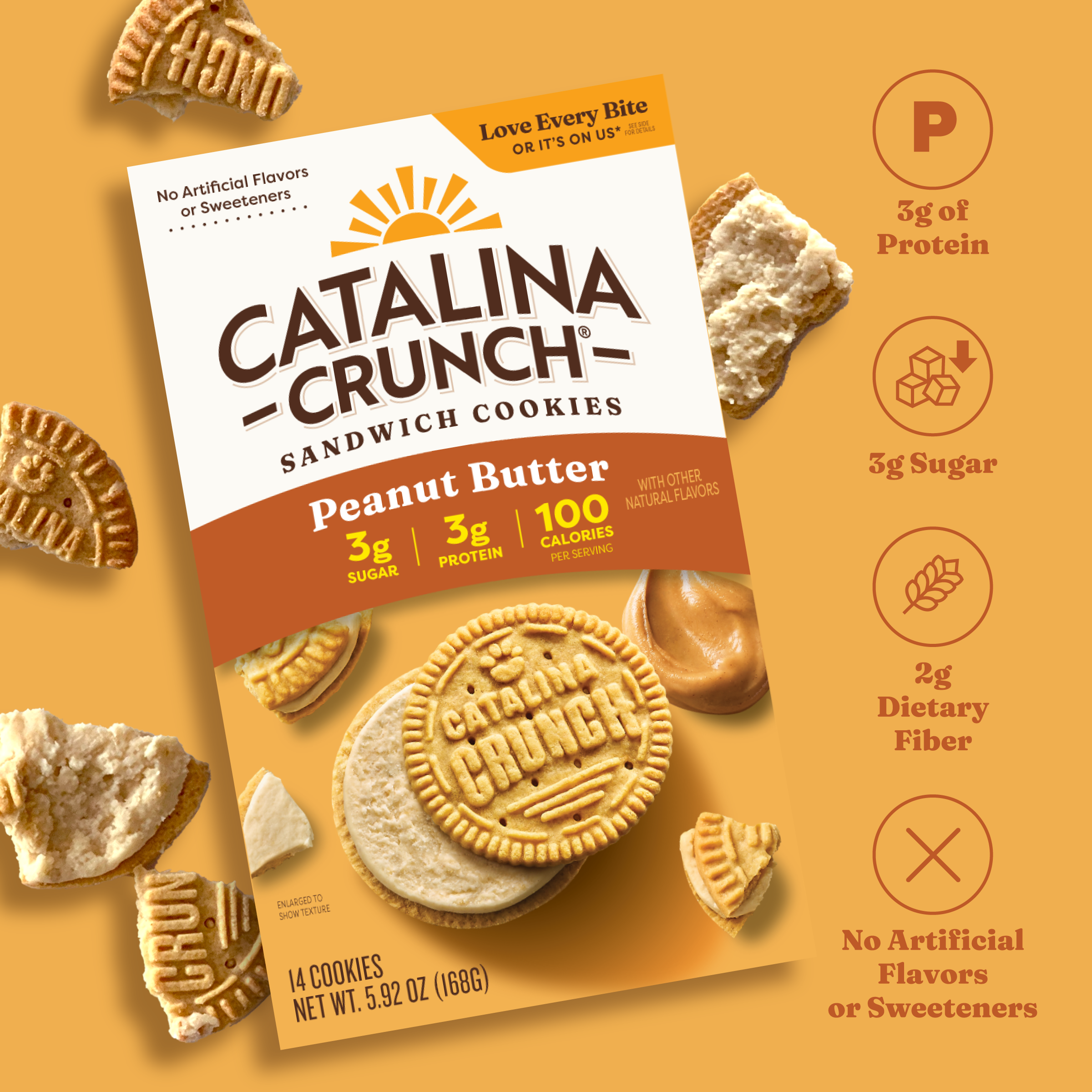 Catalina Crunch Peanut Butter sandwich cookies packaging on a yellow background