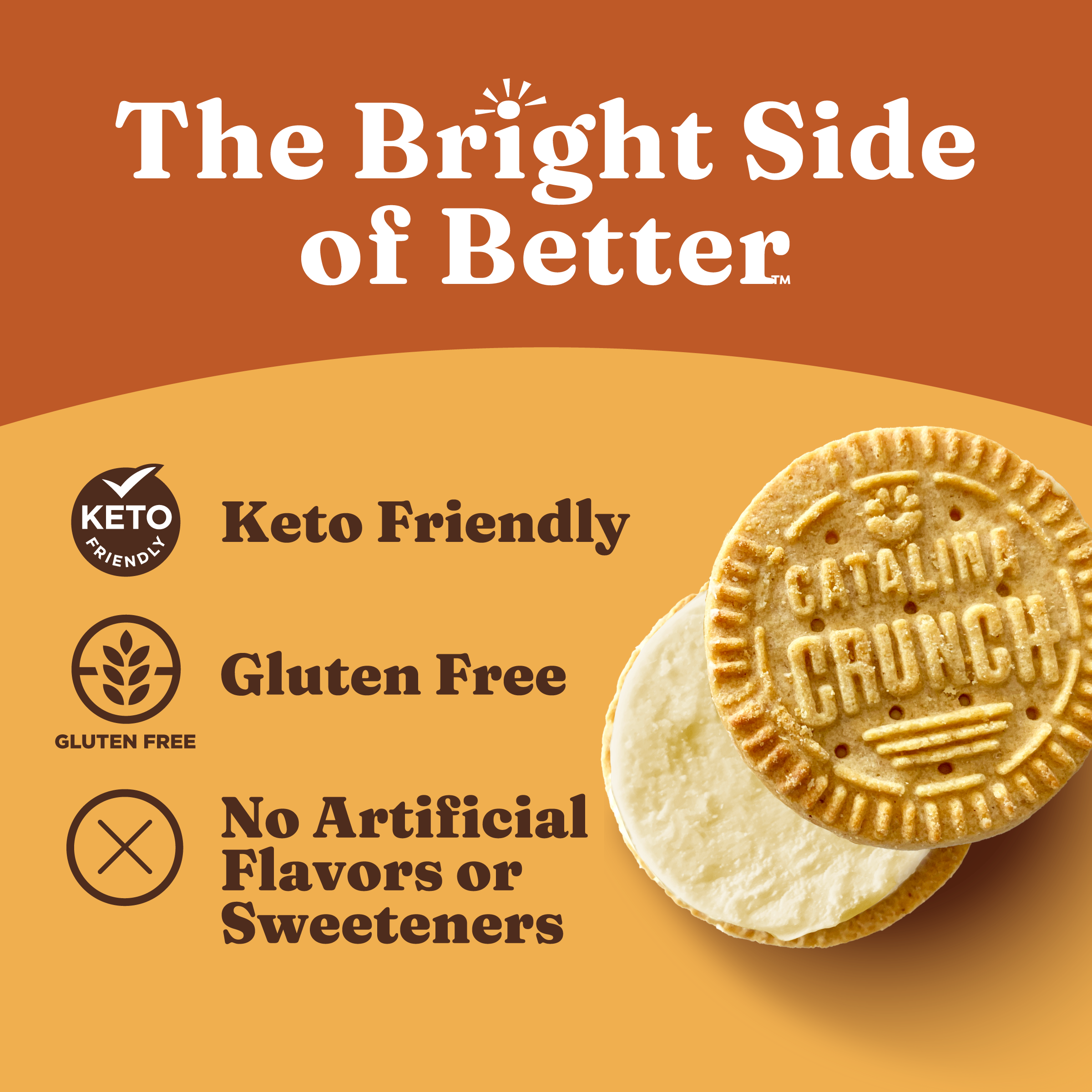Catalina Crunch cookies with branding and product features on a brown background