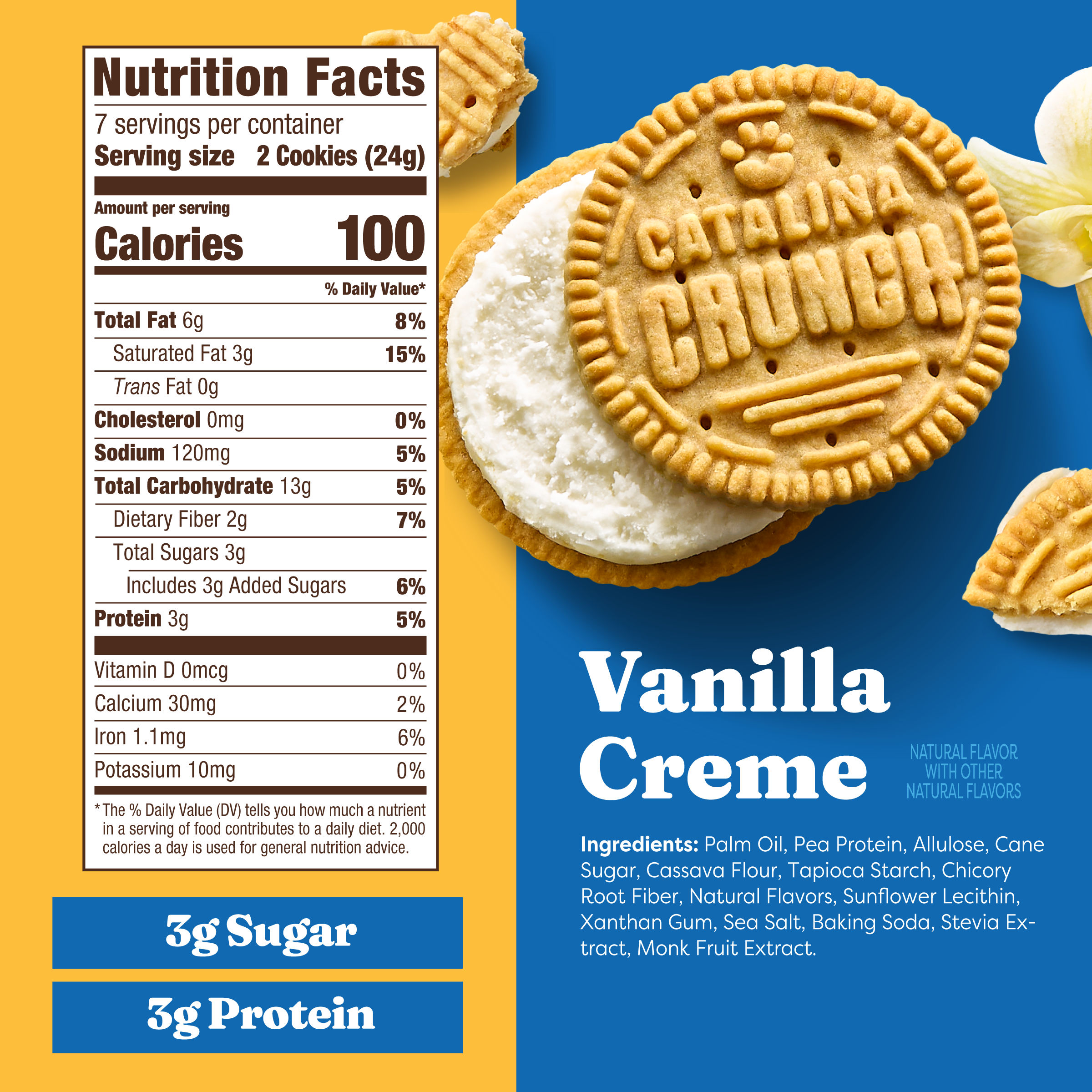Cookie with vanilla creme filling and nutrition facts label on a blue and yellow background