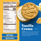 Cookie with vanilla creme filling and nutrition facts label on a blue and yellow background
