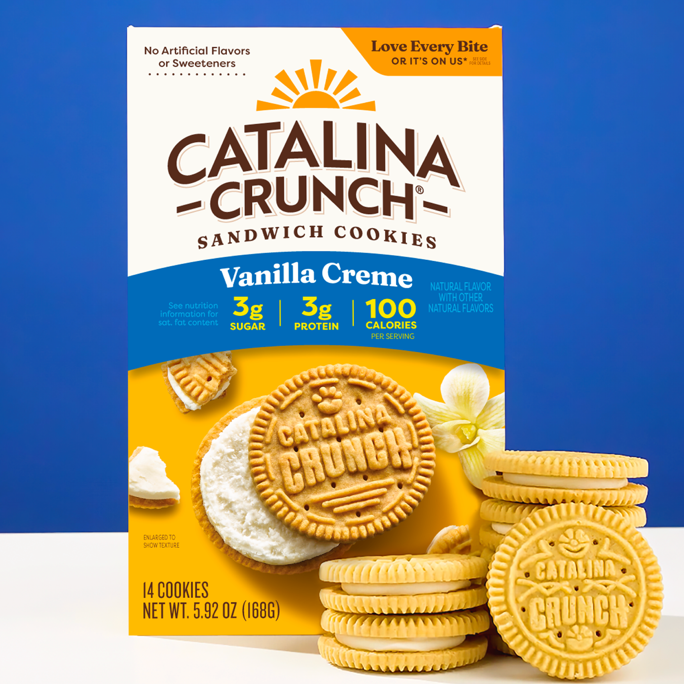 Catalina Crunch Vanilla Creme sandwich cookies packaging with cookies in front