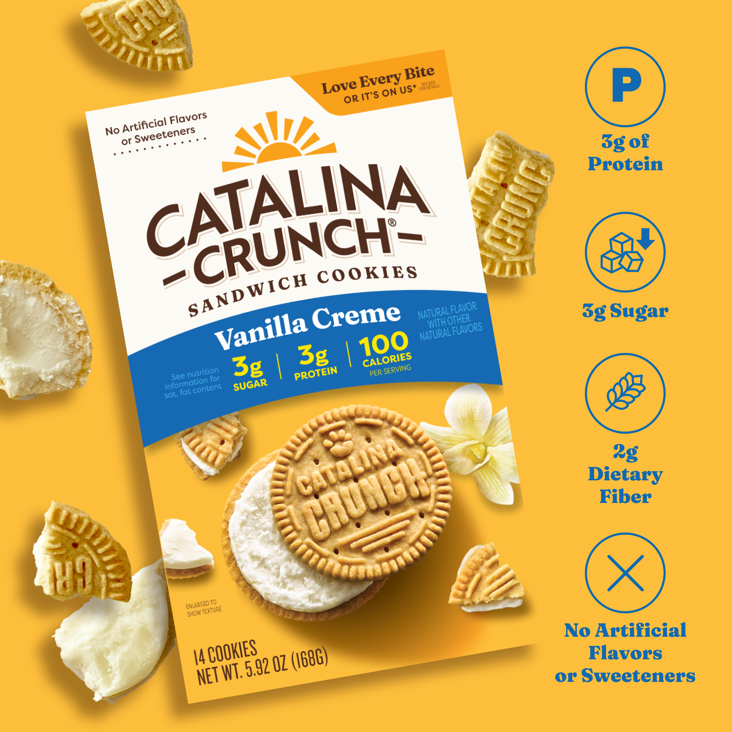 Catalina Crunch Vanilla Creme sandwich cookies packaging on a yellow background