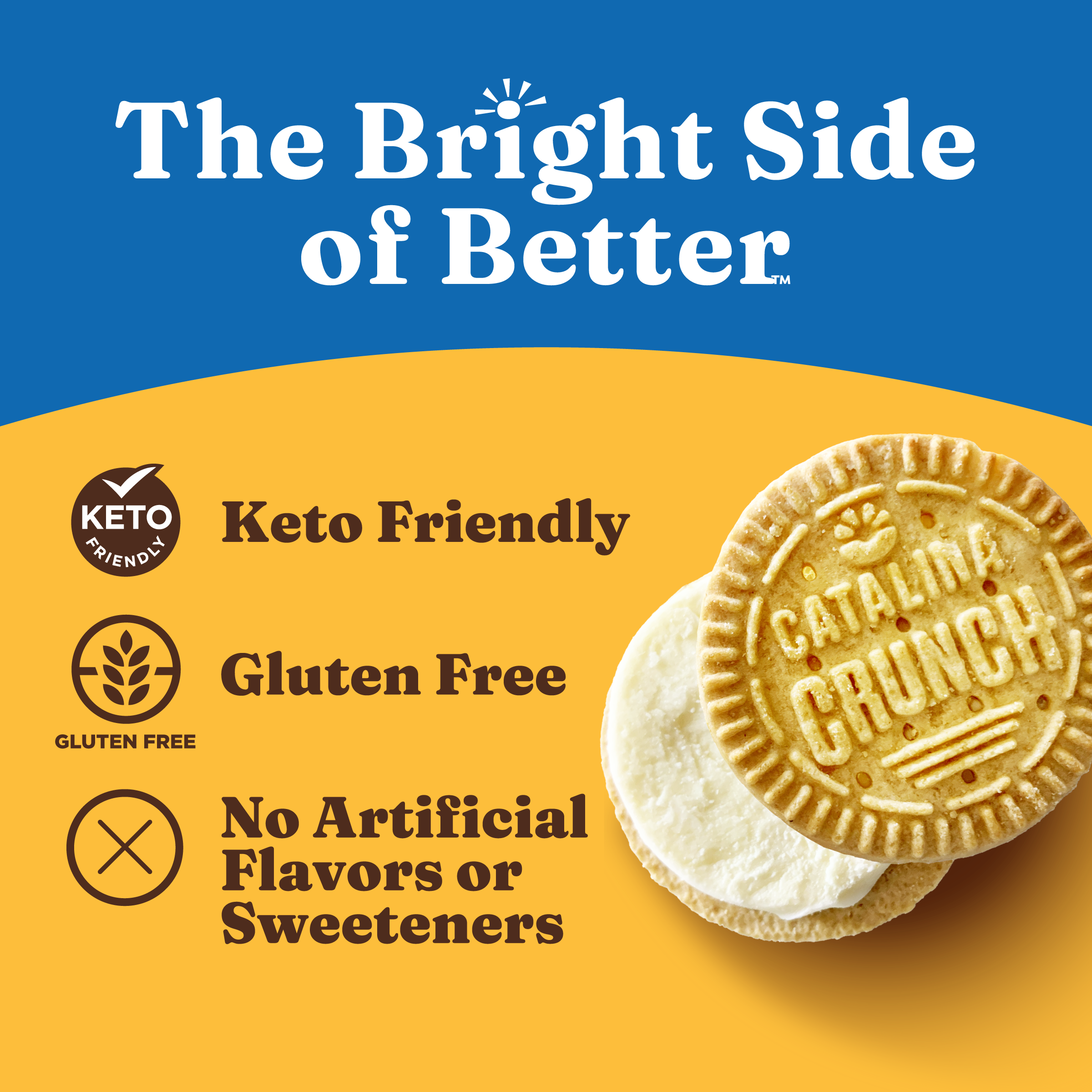 Catalin Crunch cookies with branding and product features on a blue and yellow background