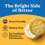 Catalin Crunch cookies with branding and product features on a blue and yellow background