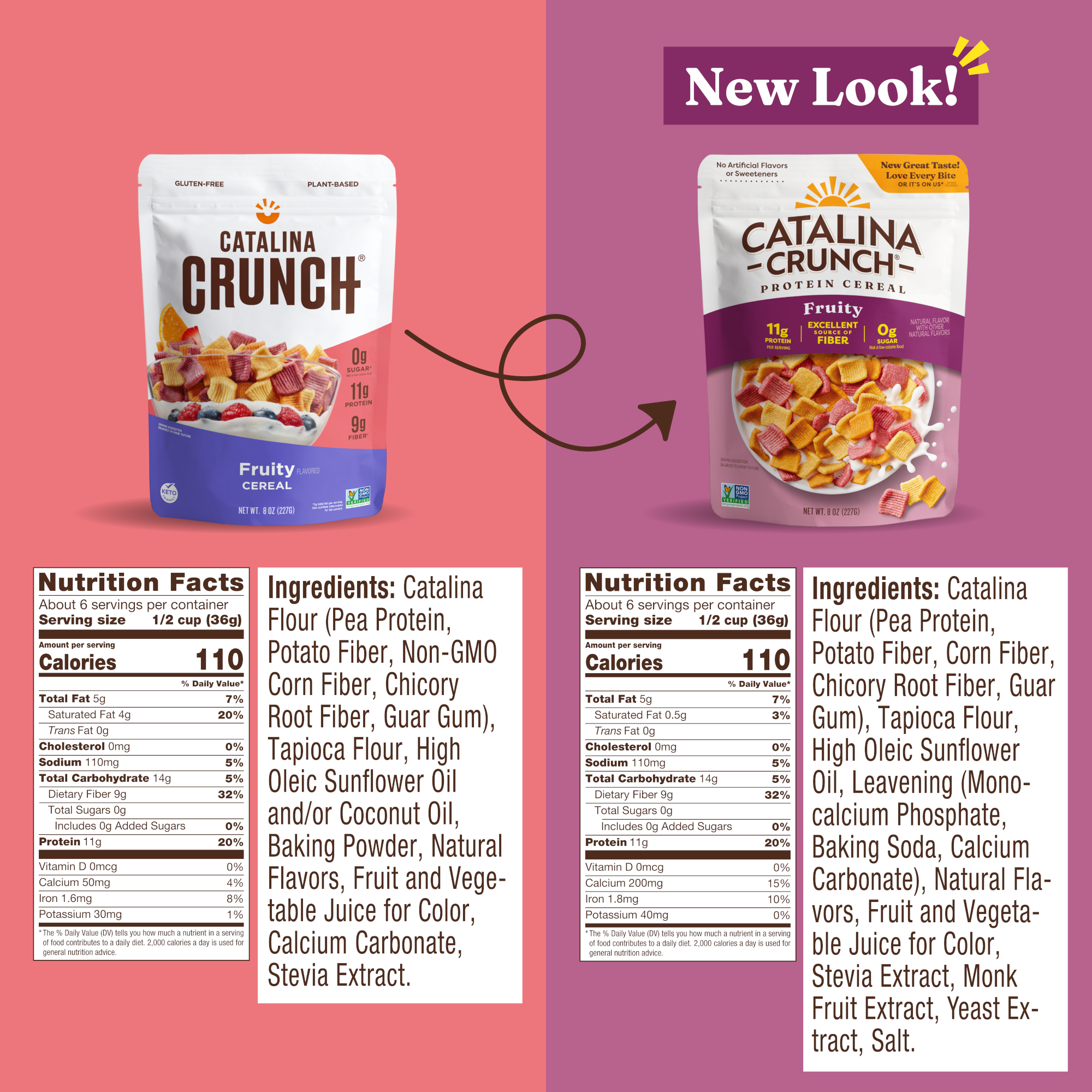 Comparison of Catalina Crunch cereal packages with new and old designs on a pink and purple background.