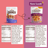 Comparison of Catalina Crunch cereal packages with new and old designs on a pink and purple background.