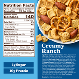 Nutrition facts label and bowl of creamy ranch snack mix on a blue background