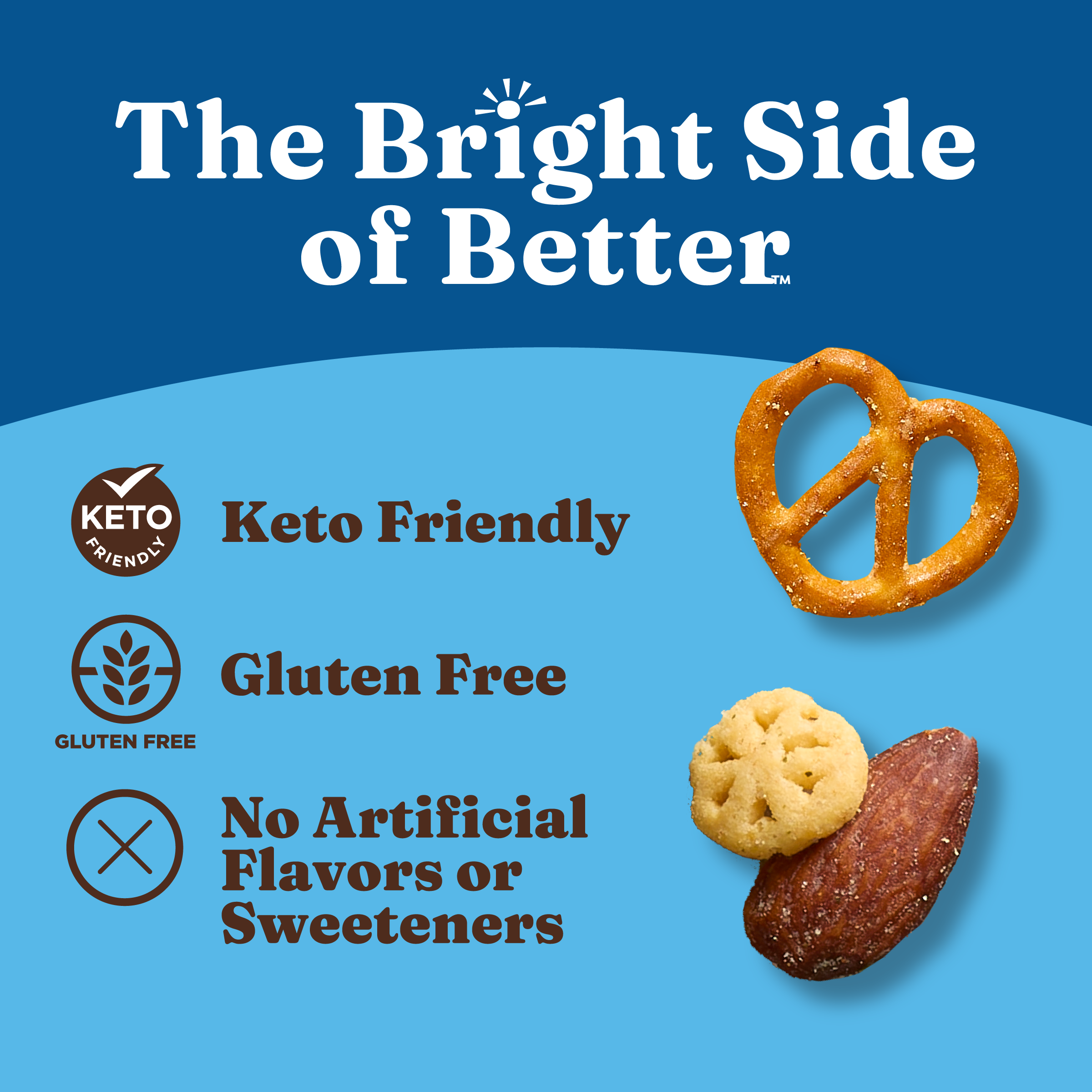 Product packaging with pretzel, cookies, and almonds on a blue background with branding text.